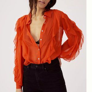 Anthropologie Orange Ruffled Buttondown
